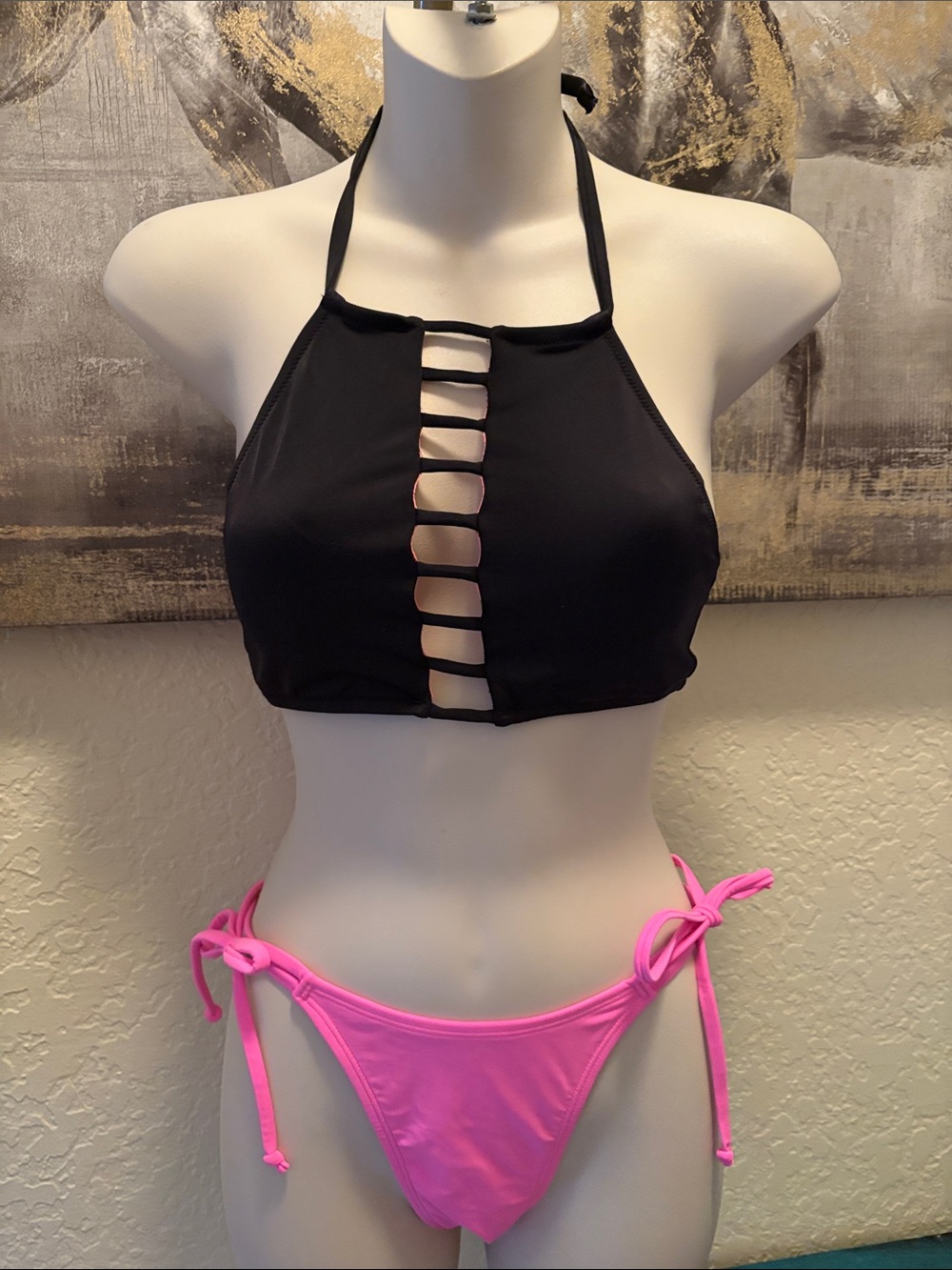 Black Halter Cutout Bikini Top with Bright Pink Tie-Side Bottoms